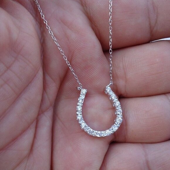 925 STERLING SILVER DESIGNERS "HORSE SHOE"NECKLACE PENDANT SIMULATED DIAMONDS - Picture 1 of 6